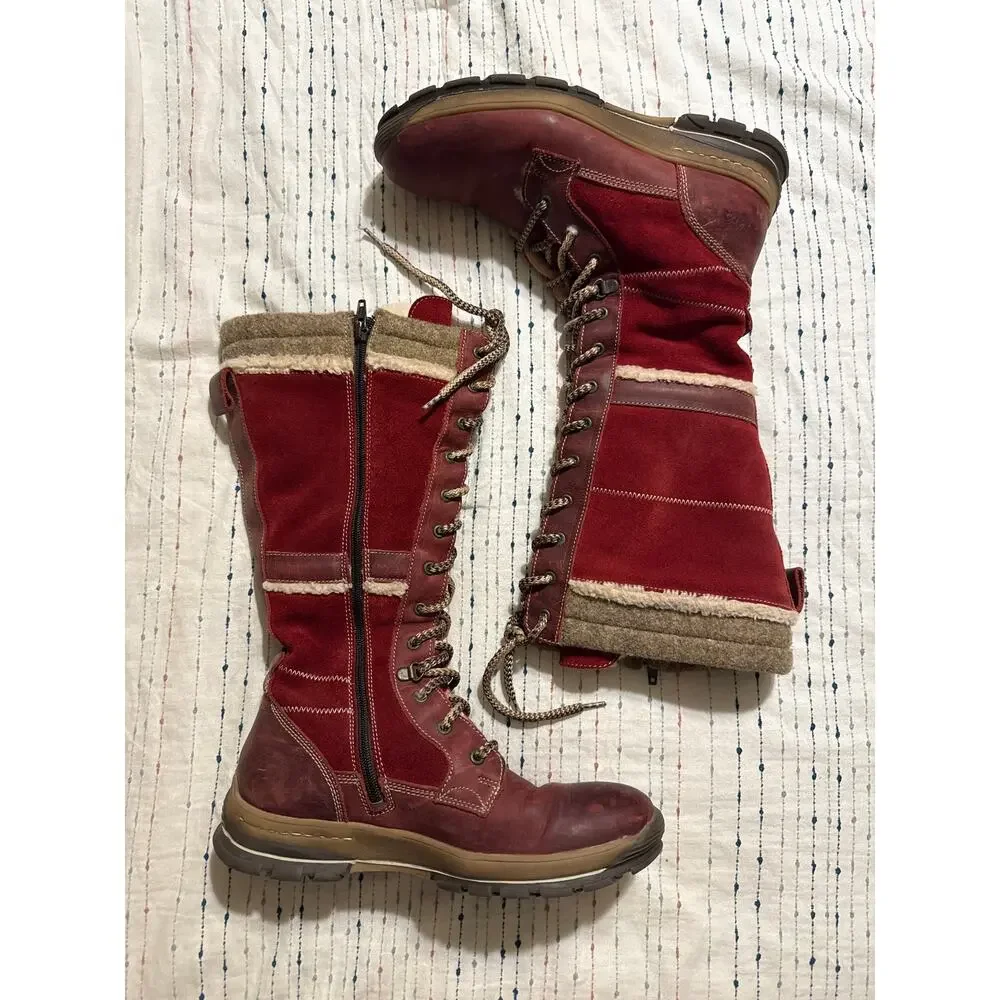 Bos & Co Glacier Red Leather Zippered Lace Up Sherpa Boots Size 40 US Women’s 9